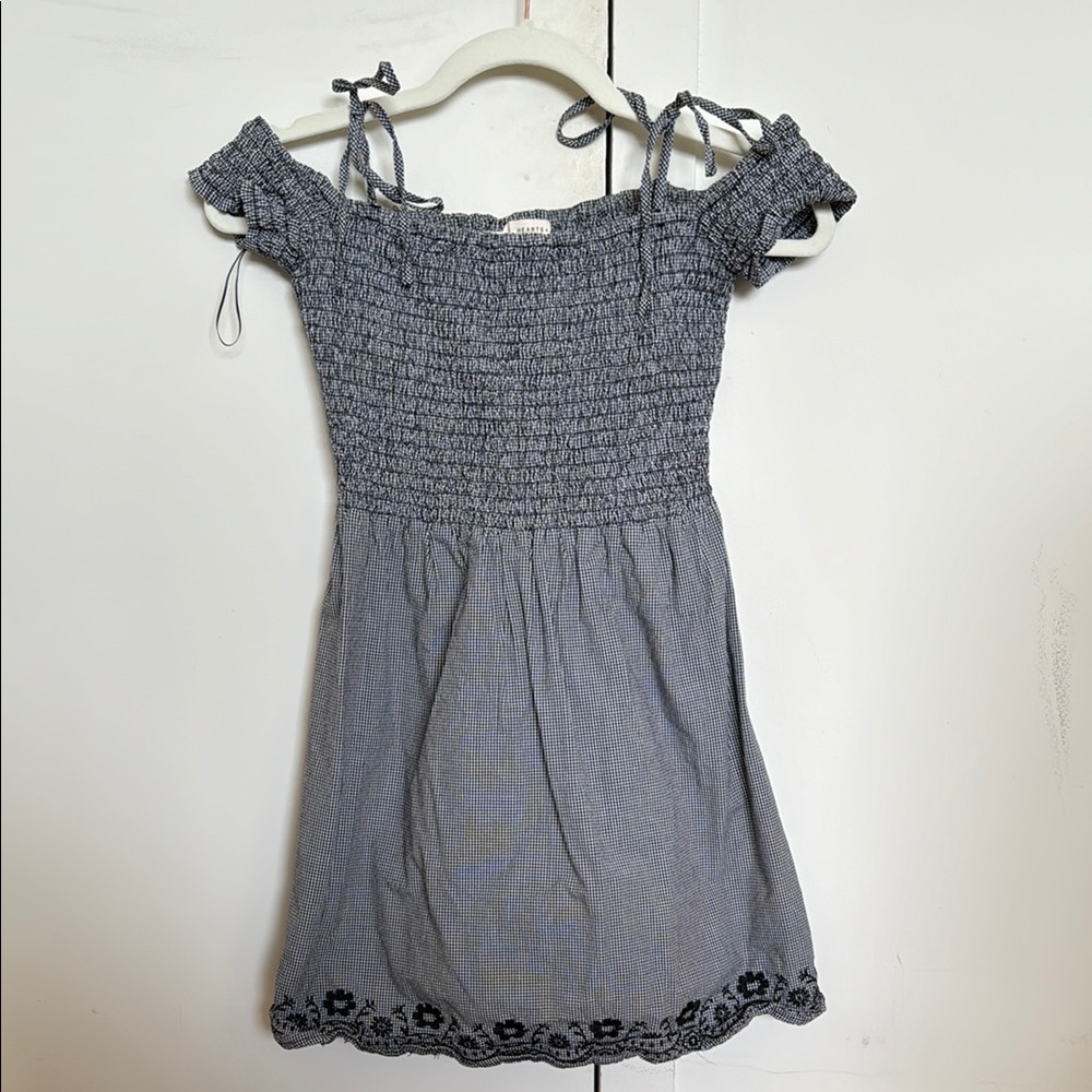 Gingham Off-Shoulder Dress with Floral Detail